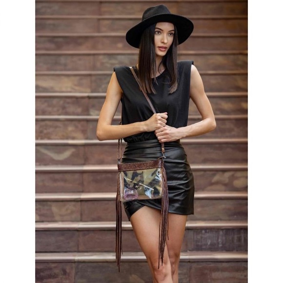 NWT Clear Fringe Crossbody Leather Hand Tooled Bag - Picture 7 of 7